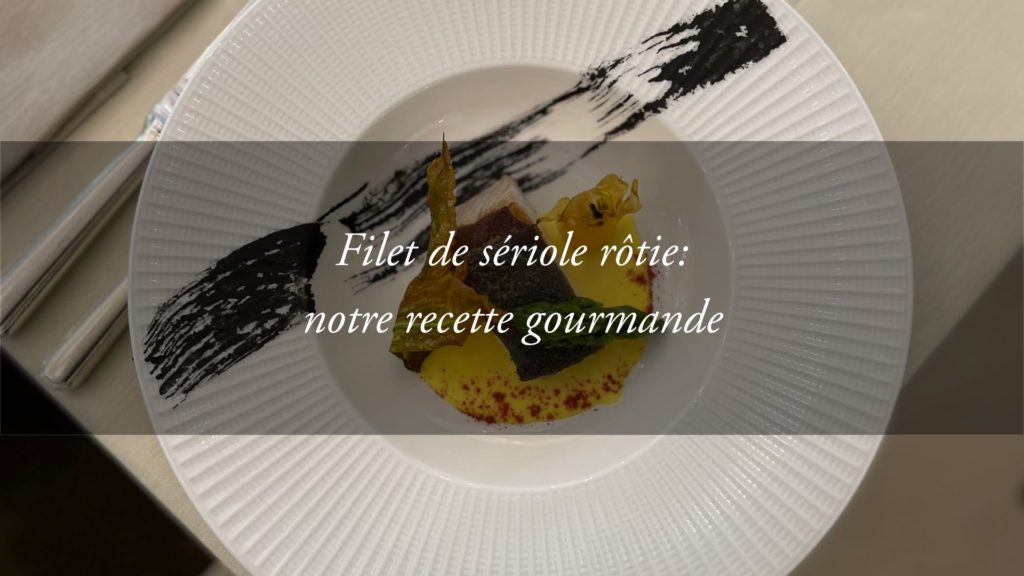 La recette gourmande: filet de sériole rôtie à l’encre de seiche avec asperges, fleurs de courget et sauce au safran