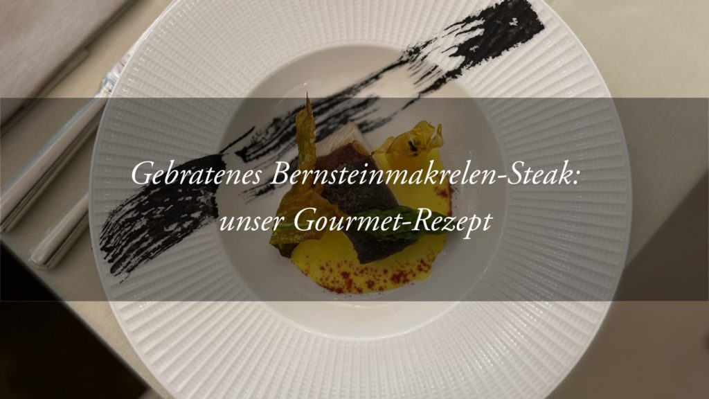 Das Gourmet-Rezept: eine Scheibe gebratener Bernsteinmakrele mit Tintenfischtinte, Spargel, Zucchiniblüten und Safransauce