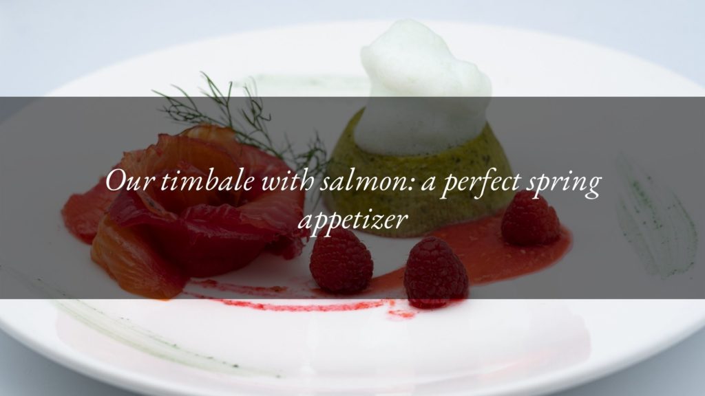 Timbale of wild herbs, marinated salmon, raspberry sauce, and green celery air