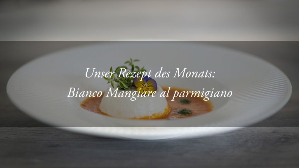 Bianco Mangiare al parmigiano mit Emulsion aus ligurischem Basilikum und Coulis aus Pachino-Tomaten