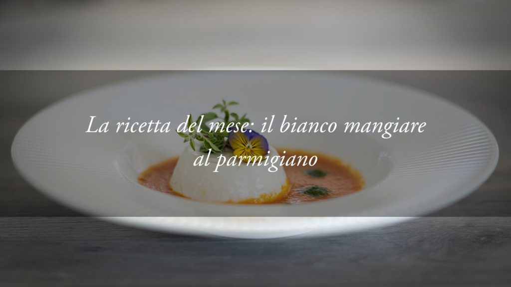 Il bianco mangiare al parmigiano, emulsione di basilico ligure e coulis di pomodoro pachino