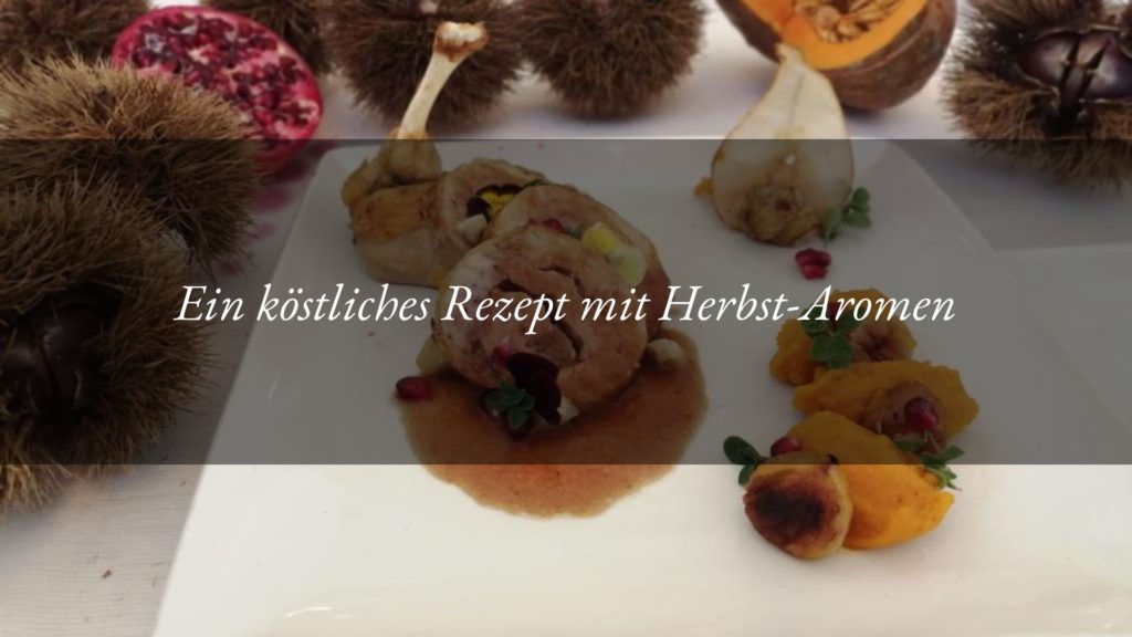 Perlhuhnbrust mit herbstlichem Kastanienherz, Kürbis-Quenelle, Granatapfel und Portwein-Birnen-Reduktion