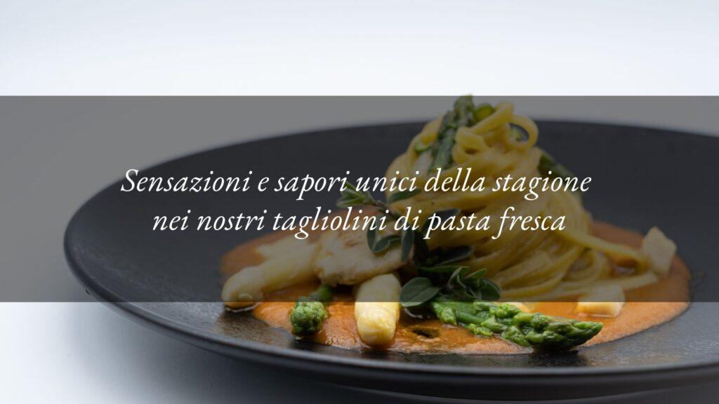 Tagliolini di pasta fresca con capesante, asparagi, maggiorana e bisque di scampi