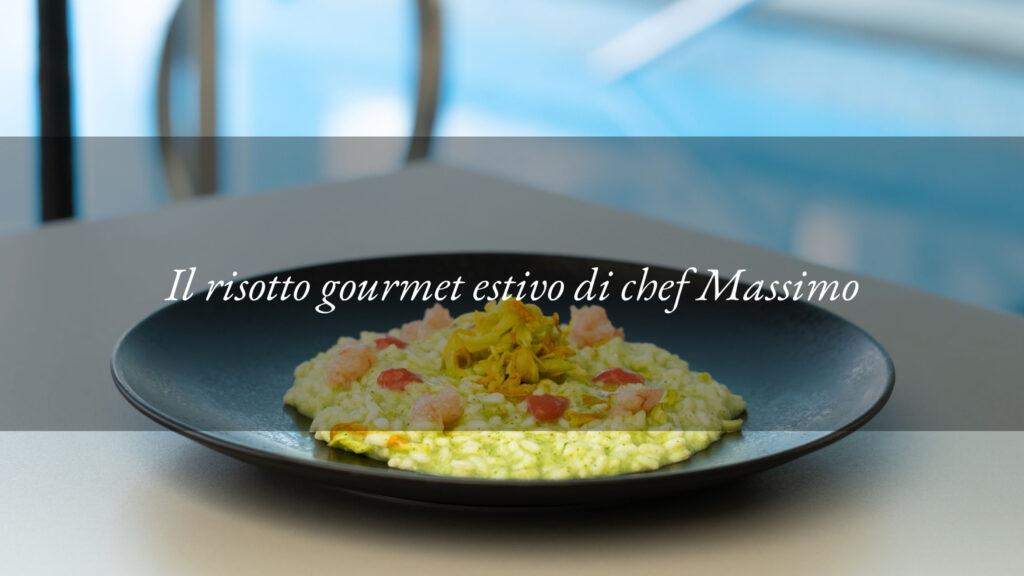 Il riso carnaroli con crema di zucchine e il loro fiore, tartare di gambero rosso di Mazara del Vallo e fragole al basilico