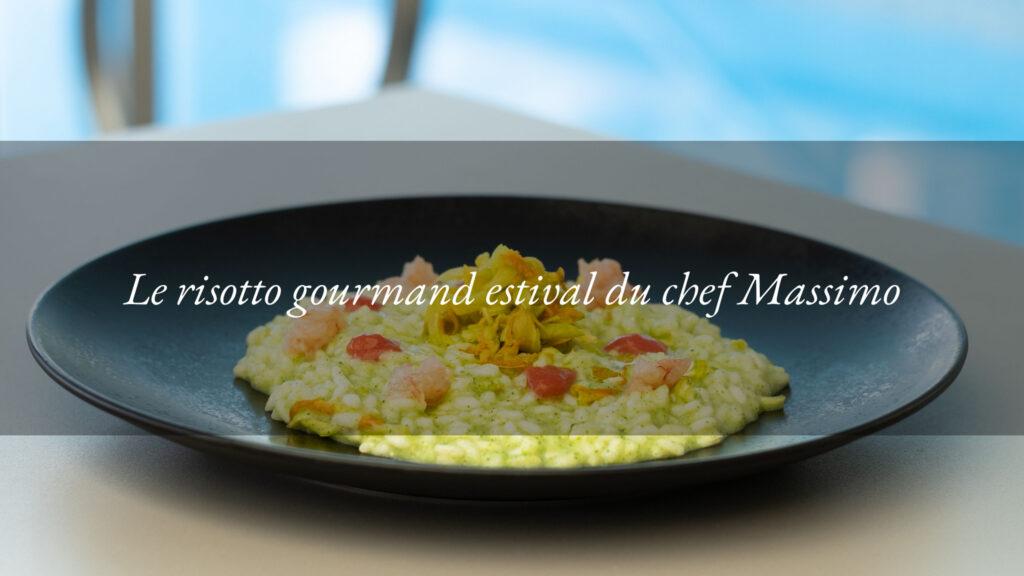 LE RIZ CARNAROLI À LA CRÈME DE COURGETTE ET LEUR FLEUR, TARTARE DE CREVETTES ROUGES DE MAZARA DEL VALLO ET FRAISES AU BASILIC