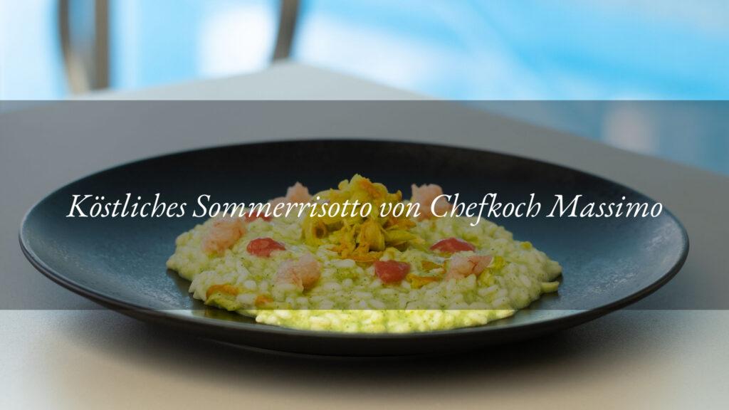 CARNAROLI-REIS MIT ZUCCHINICREME UND ZUCCHINIBLÜTEN, TARTAR VON ROTEN GARNELEN AUS MAZARA DEL VALLO UND BASILIKUM-ERDBEEREN