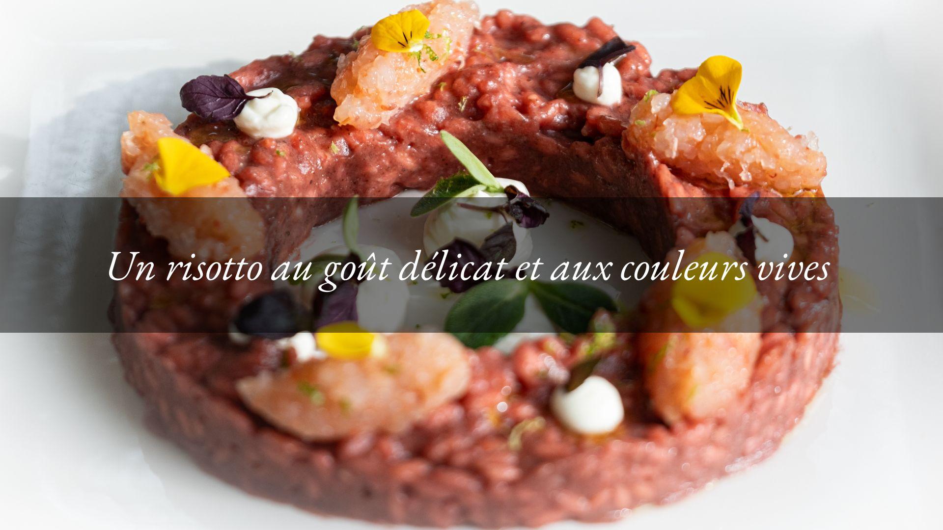 Risotto à la betterave rouge, tartare de crevettes de Mazara del Vallo au citron vert et fromage crémeux aux herbes.